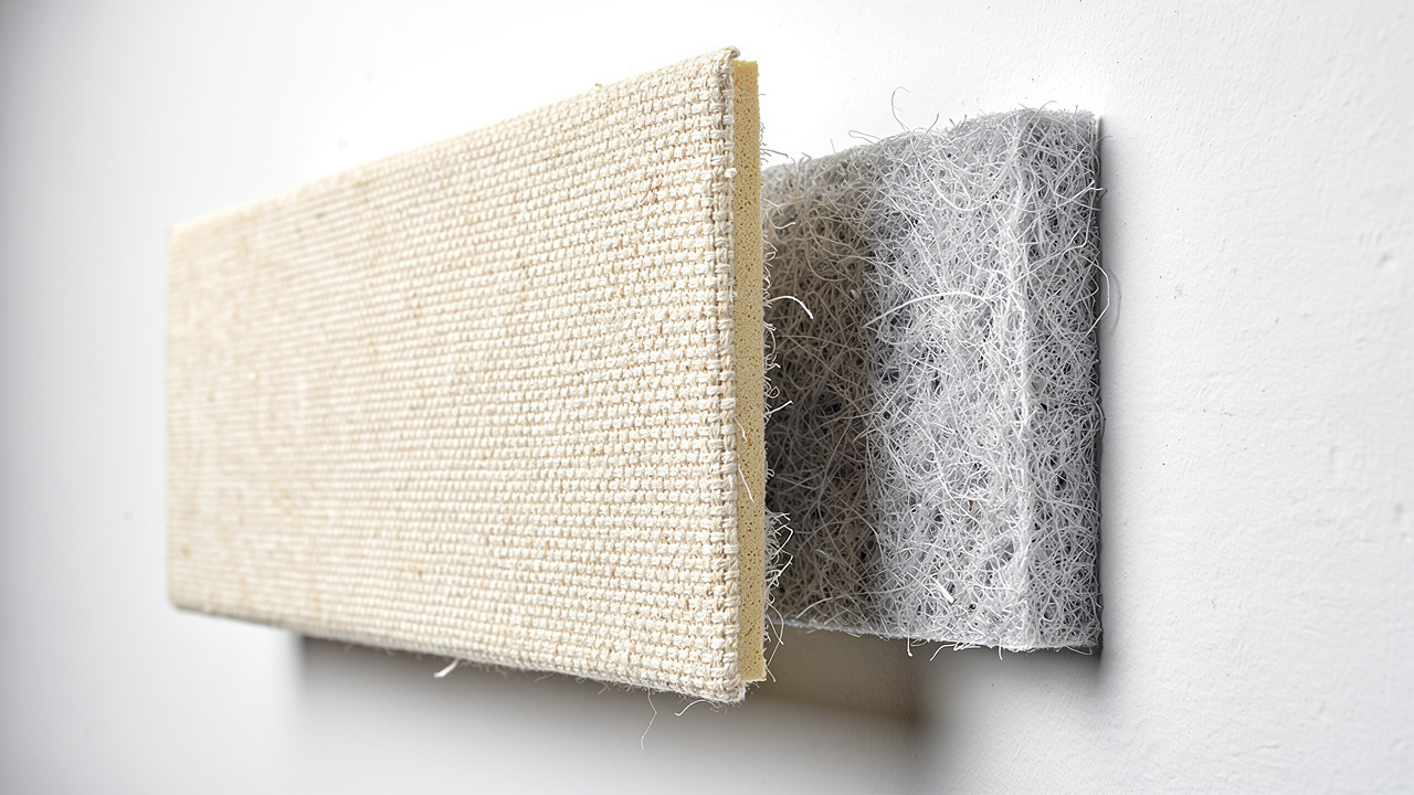 Cross-section detail of PET core acoustic fabric panel construction
