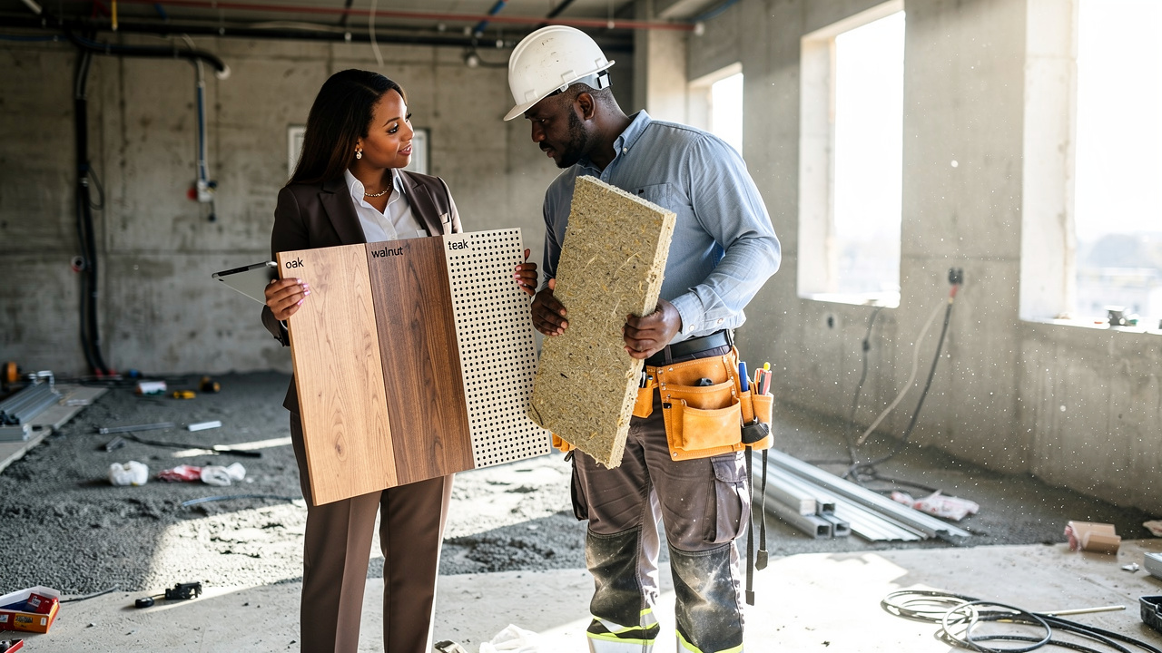 Designer and contractor reviewing acoustic wood panel samples on site