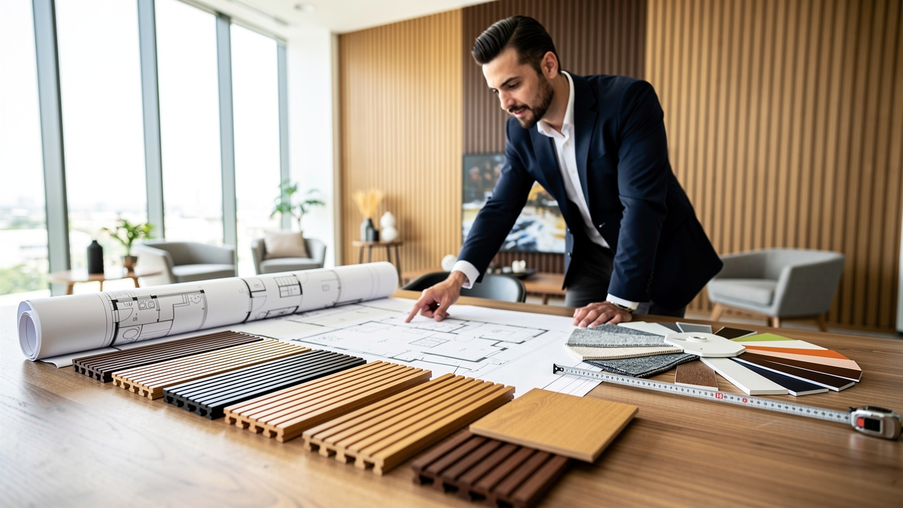 Designer and contractor selecting acoustic groove panel specifications