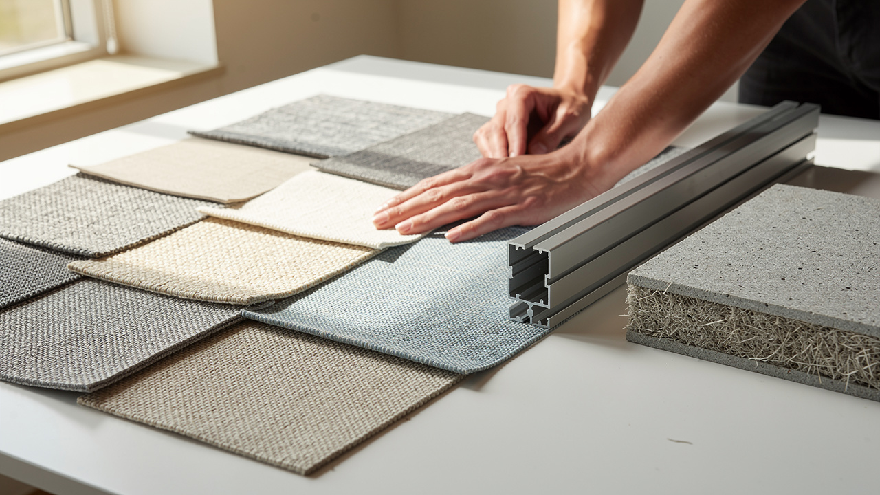 Interior designer reviewing acoustic fabric swatches and aluminum track samples