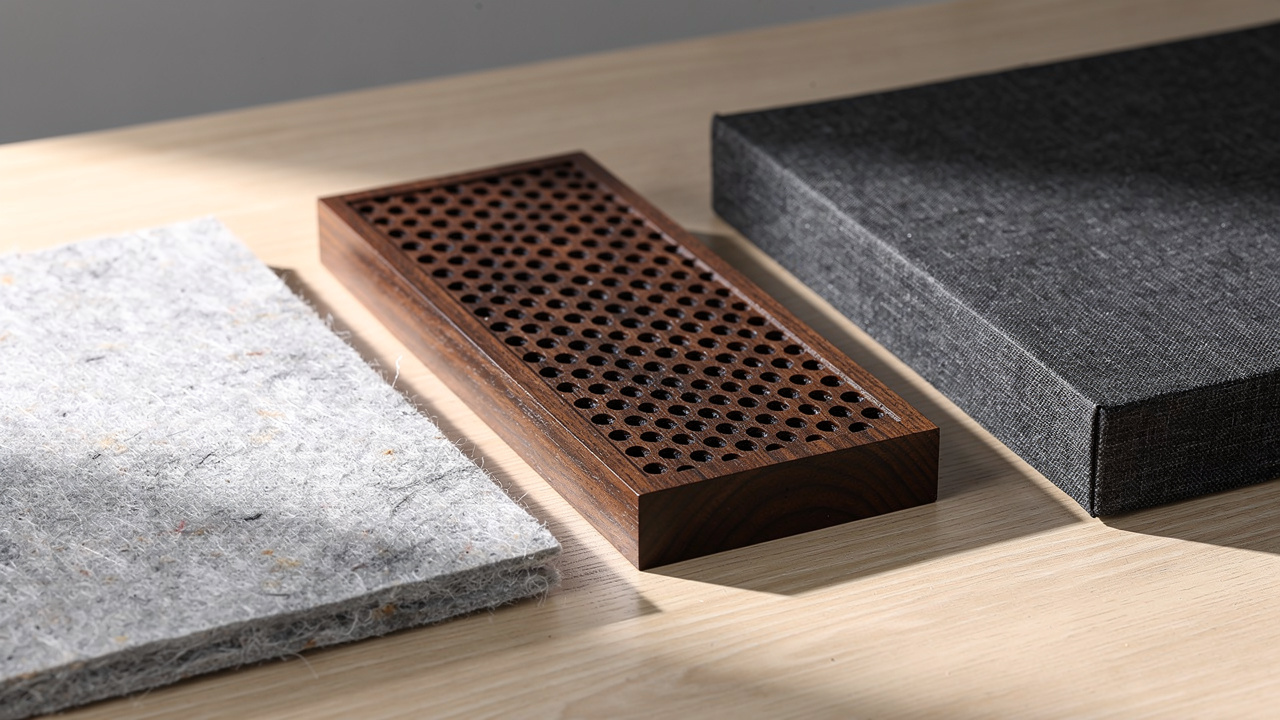 Three types of acoustic panels side by side on a desk