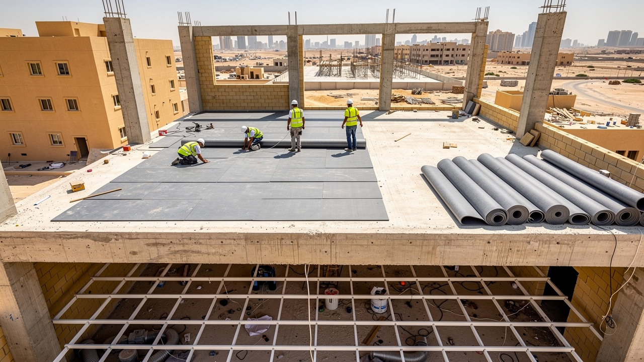 Acoustic underlayment and ceiling tiles installed in multi-story UAE building