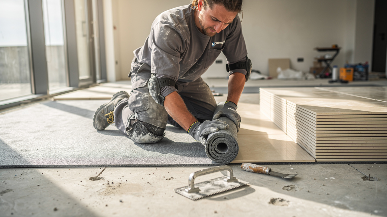 Installer rolling out acoustic underlayment under ceramic floor tiles