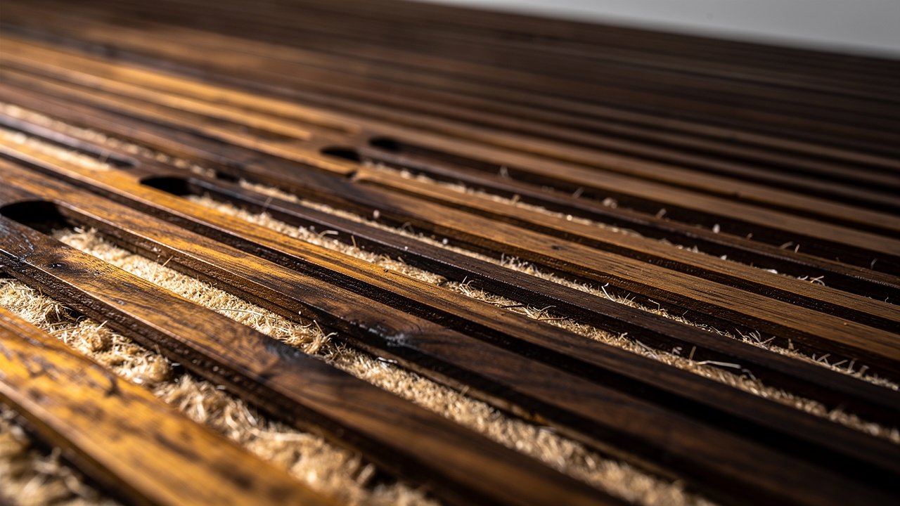 Close-up of slatted acoustic wood panel showing grooves and layers
