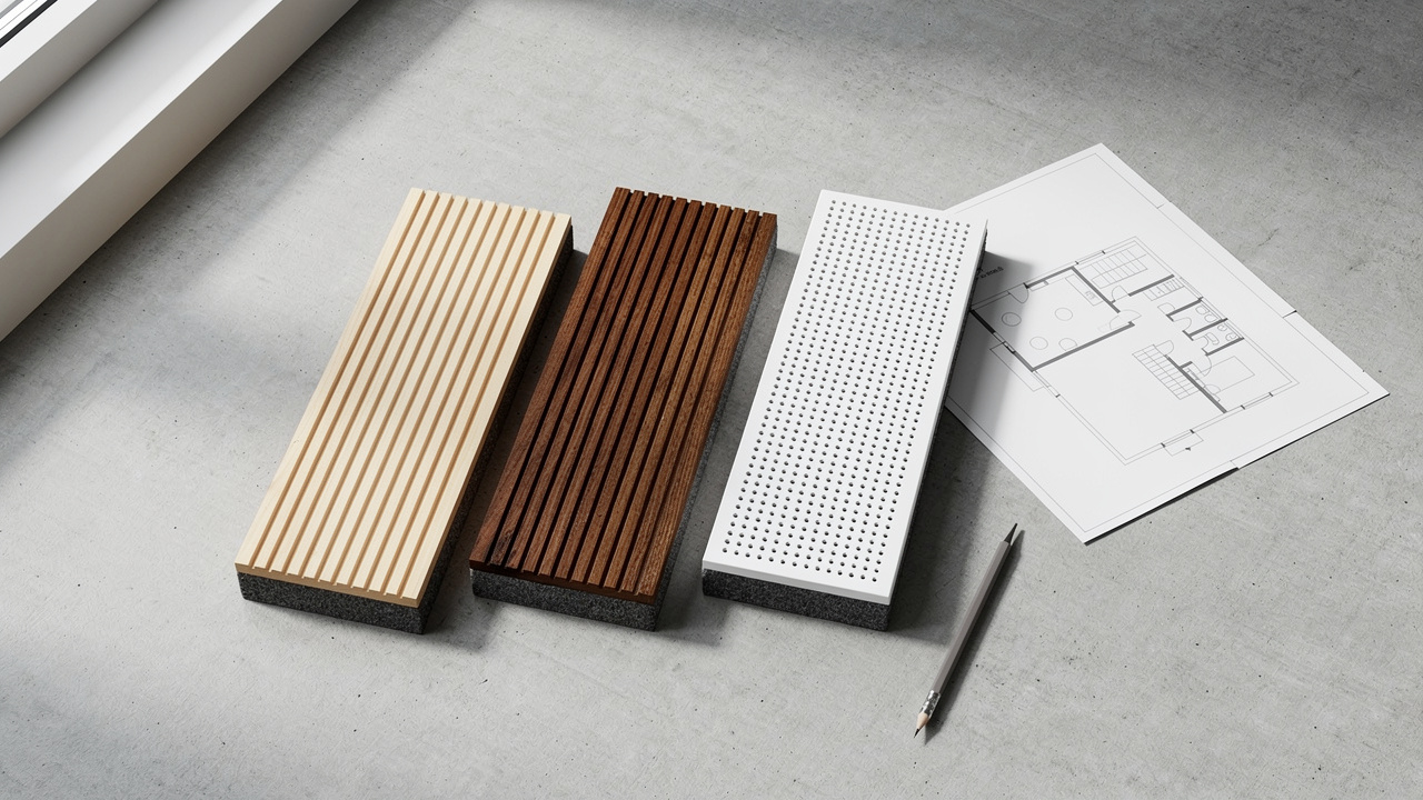 Variety of acoustic wood panel finish samples arranged flat lay