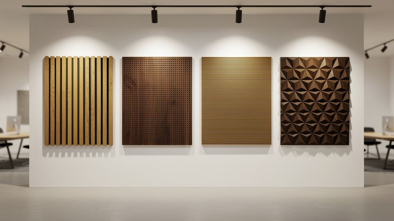 Four types of acoustic wooden panels displayed side by side