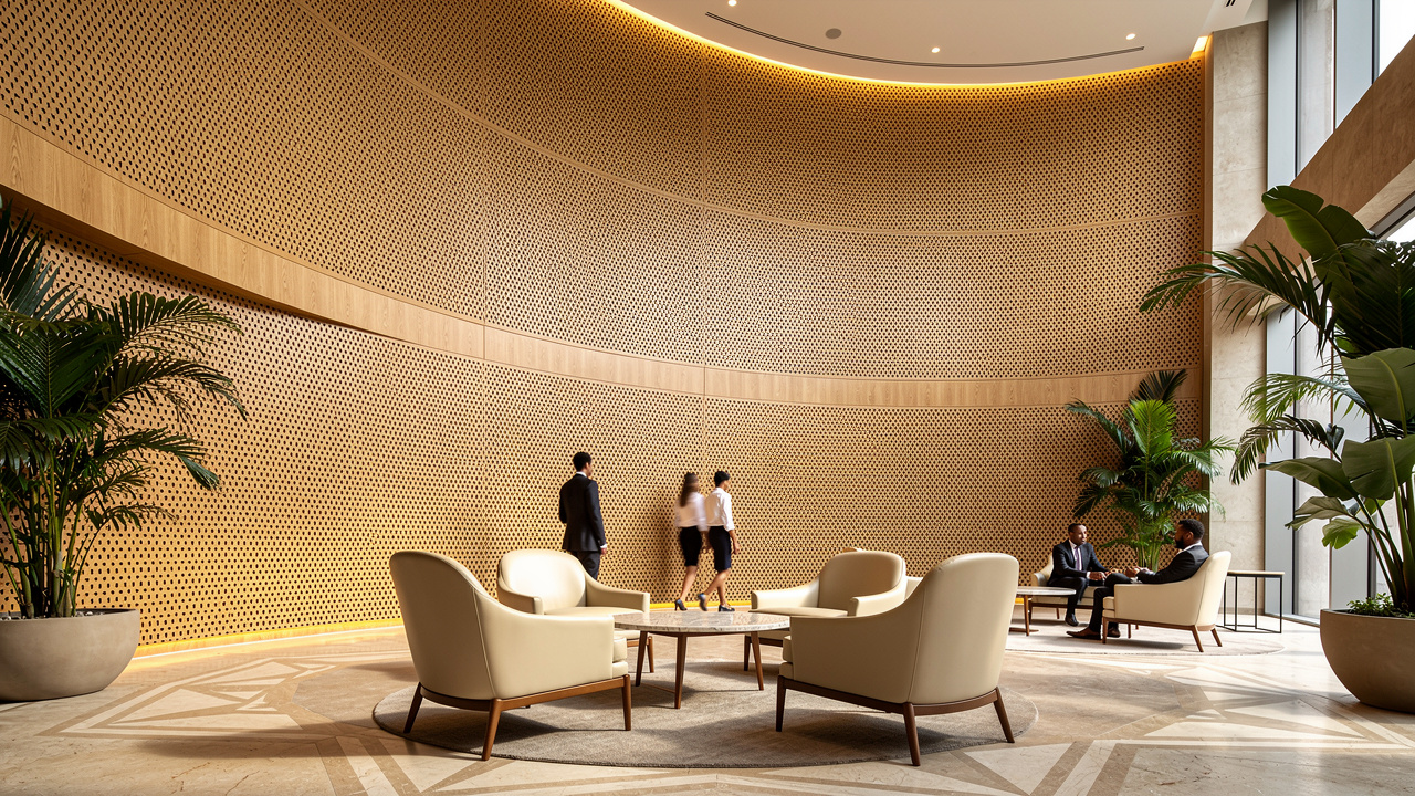 Acoustic wood panels in a luxury African hotel lobby interior