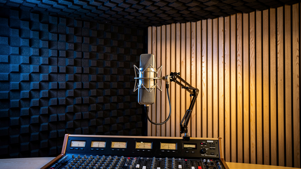 Wood acoustic panels and diffusers inside a professional recording studio
