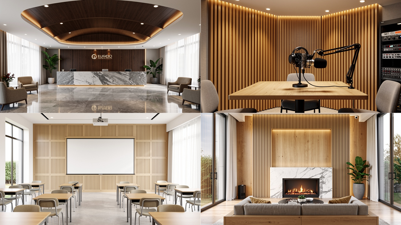 Acoustic wood panels in hotel studio classroom and villa settings