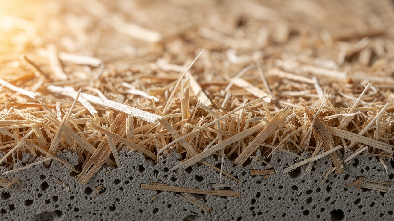 Close-up texture of natural wood wool acoustic panel surface