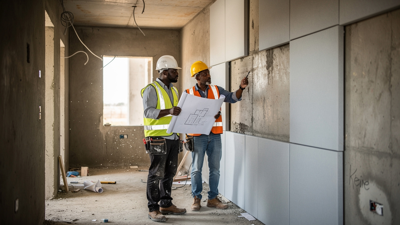 Architect and contractor reviewing acoustic panel installation on site