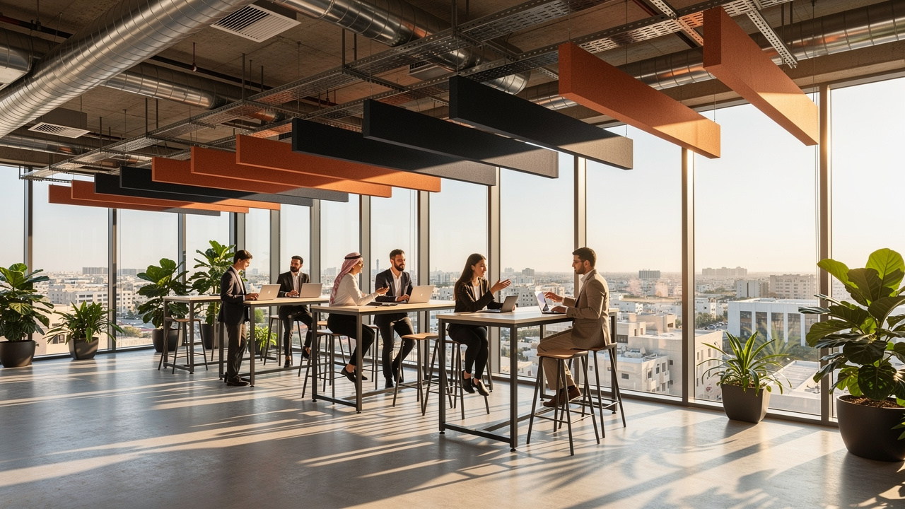Open-plan office with PET acoustic ceiling baffles reducing noise