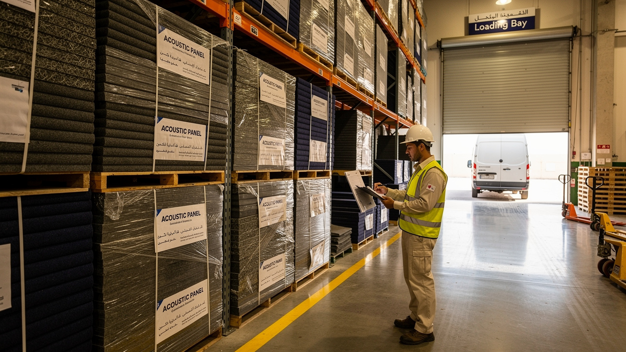Warehouse stocked with fiberglass acoustic panels ready for UAE studio delivery