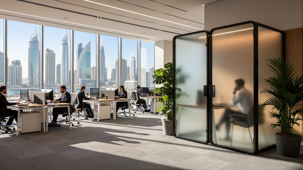 Dubai office floor combining open desks and acoustic pods