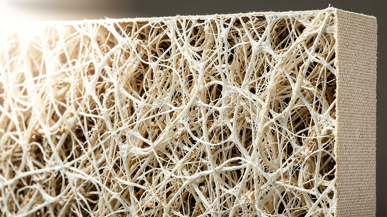 Close-up cross-section of fiberglass acoustic panel core texture