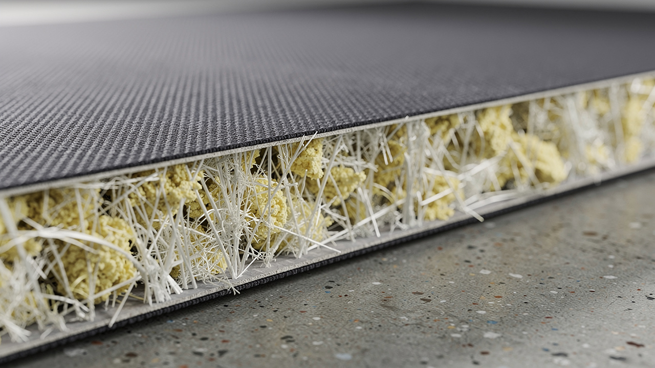 Close-up cross-section of a rigid fiberglass acoustic panel showing fiber core