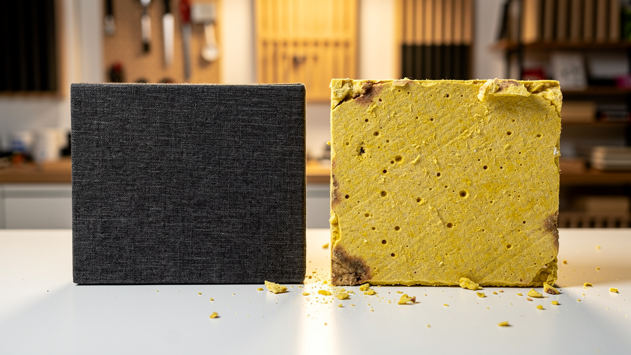 Fiberglass acoustic panel compared to deteriorating foam tile on workbench