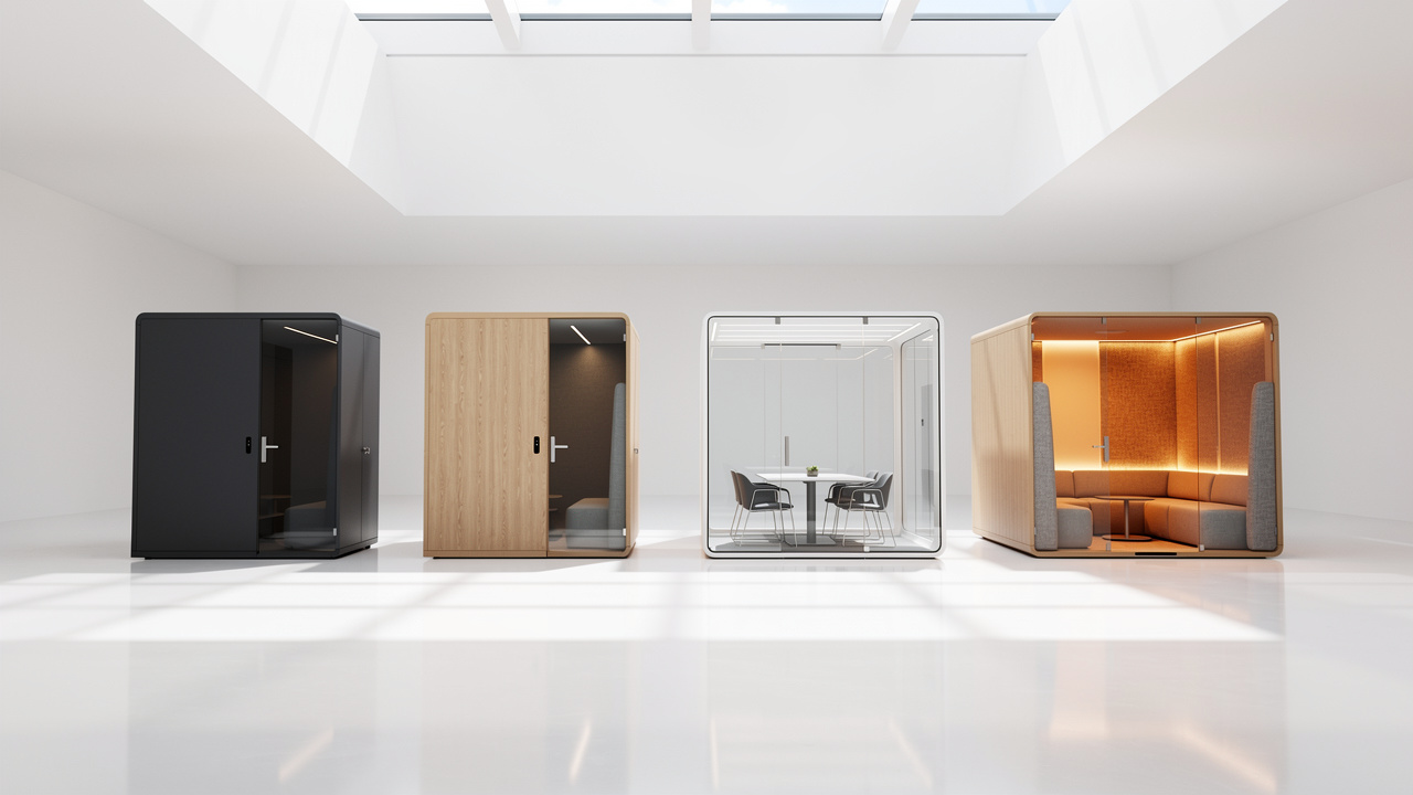 Four different office pod types side by side in showroom