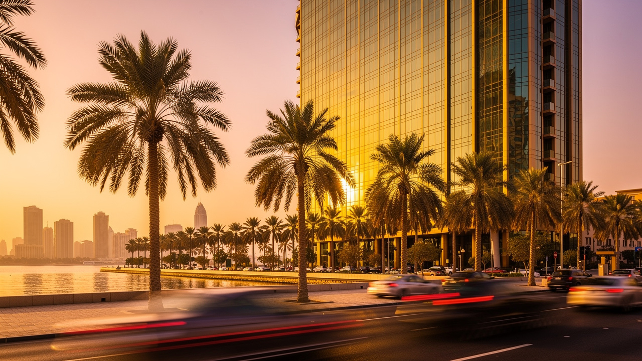 Luxury Gulf hotel tower on busy waterfront promenade at golden hour