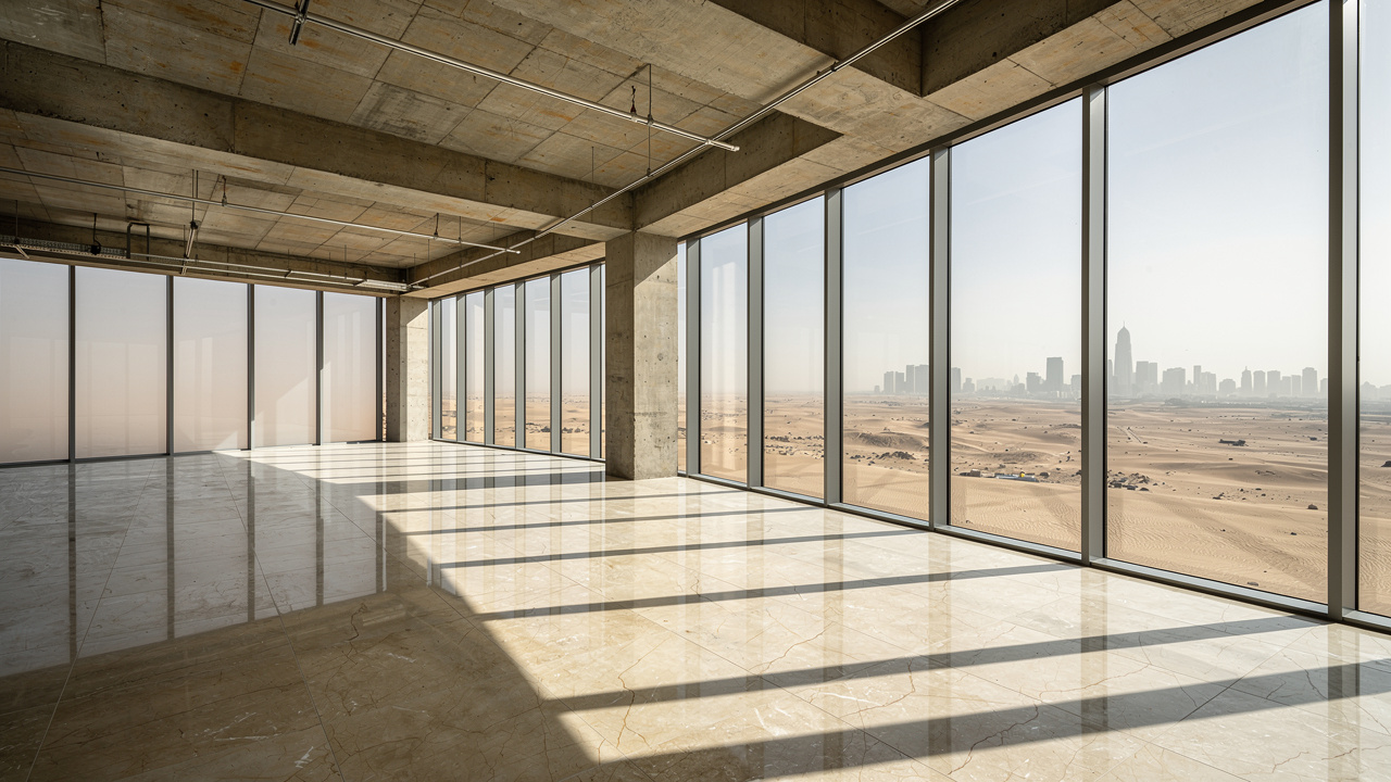 Hard reflective concrete and glass surfaces in GCC office tower