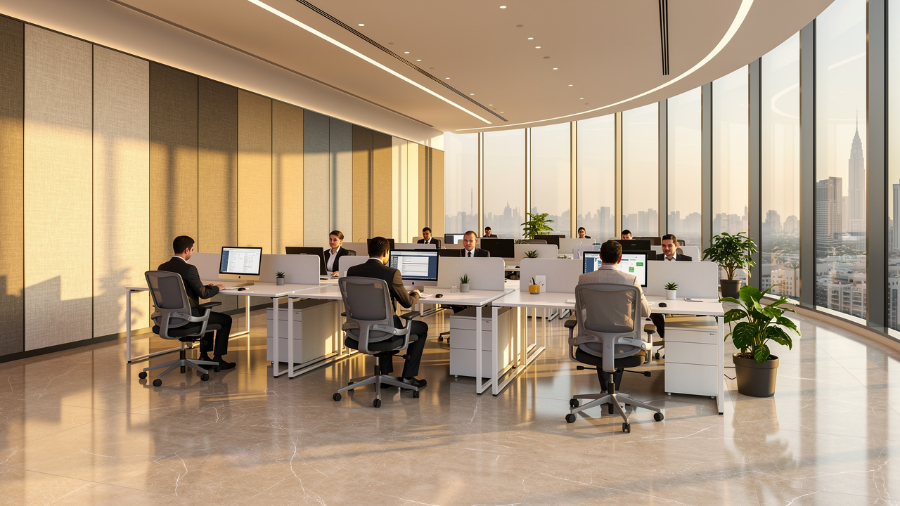 Noisy open-plan Gulf office with acoustic wall panels installed