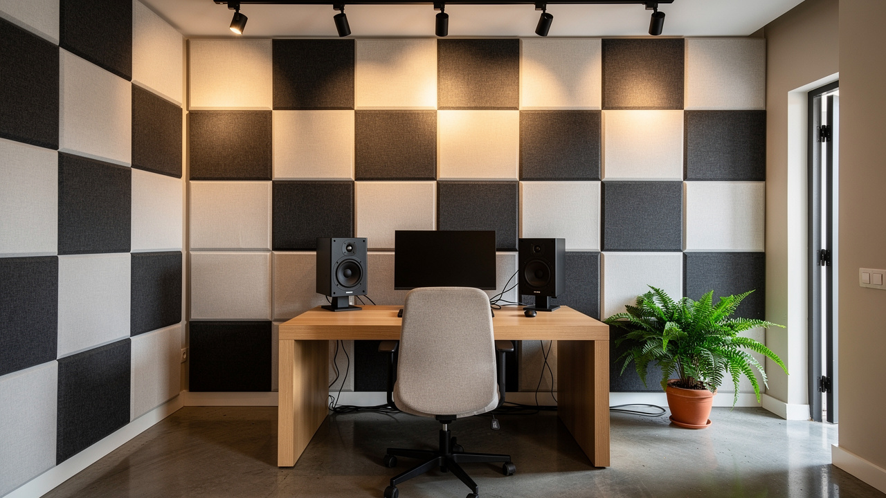 Home studio with acoustic wall panels in an African apartment