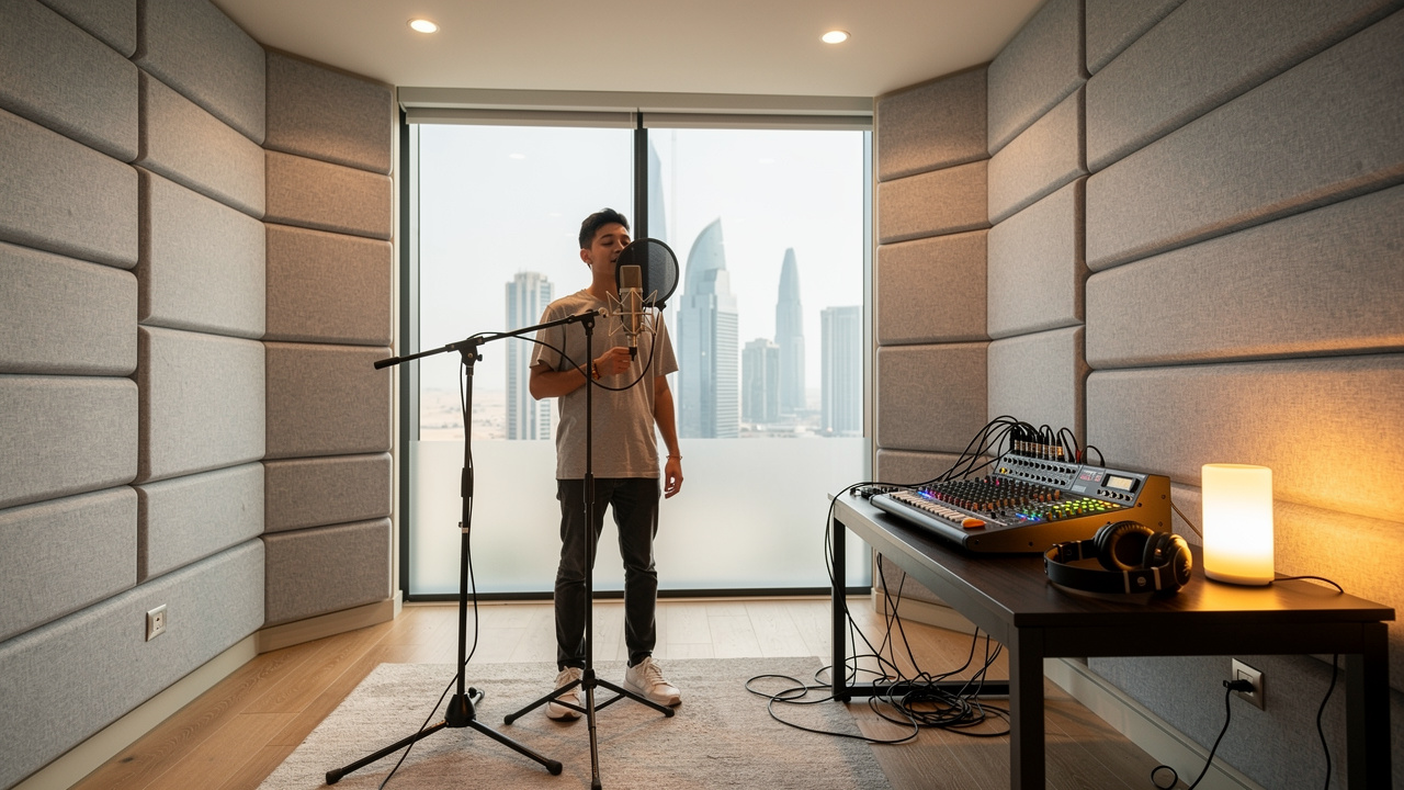 Home studio in UAE apartment treated with fabric-wrapped fiberglass acoustic panels