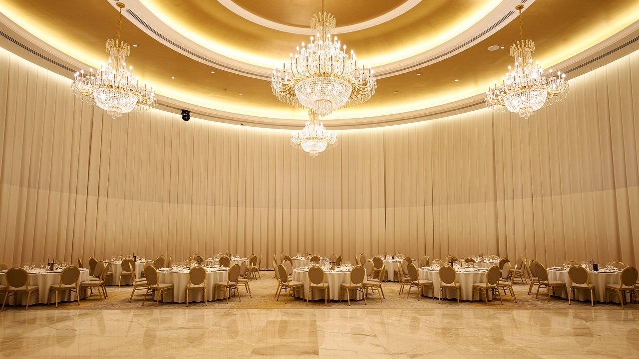 Luxury hotel ballroom with seamless acoustic fabric wall panels in the UAE