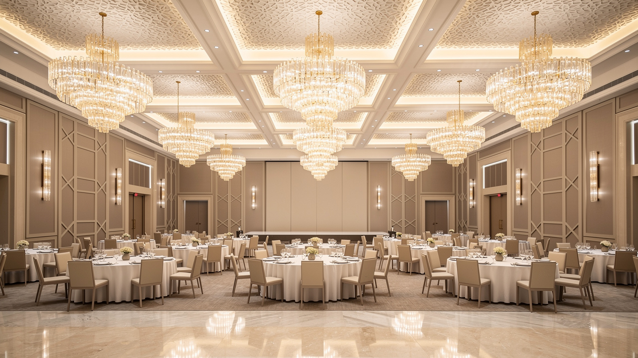 Luxury hotel ballroom with wood wool acoustic ceiling panels in Gulf