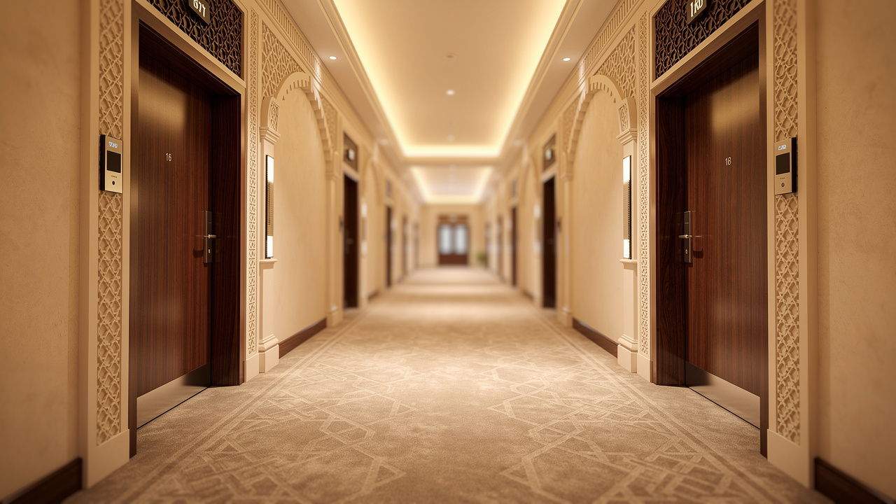 Quiet luxury hotel corridor emphasizing acoustic privacy in Oman