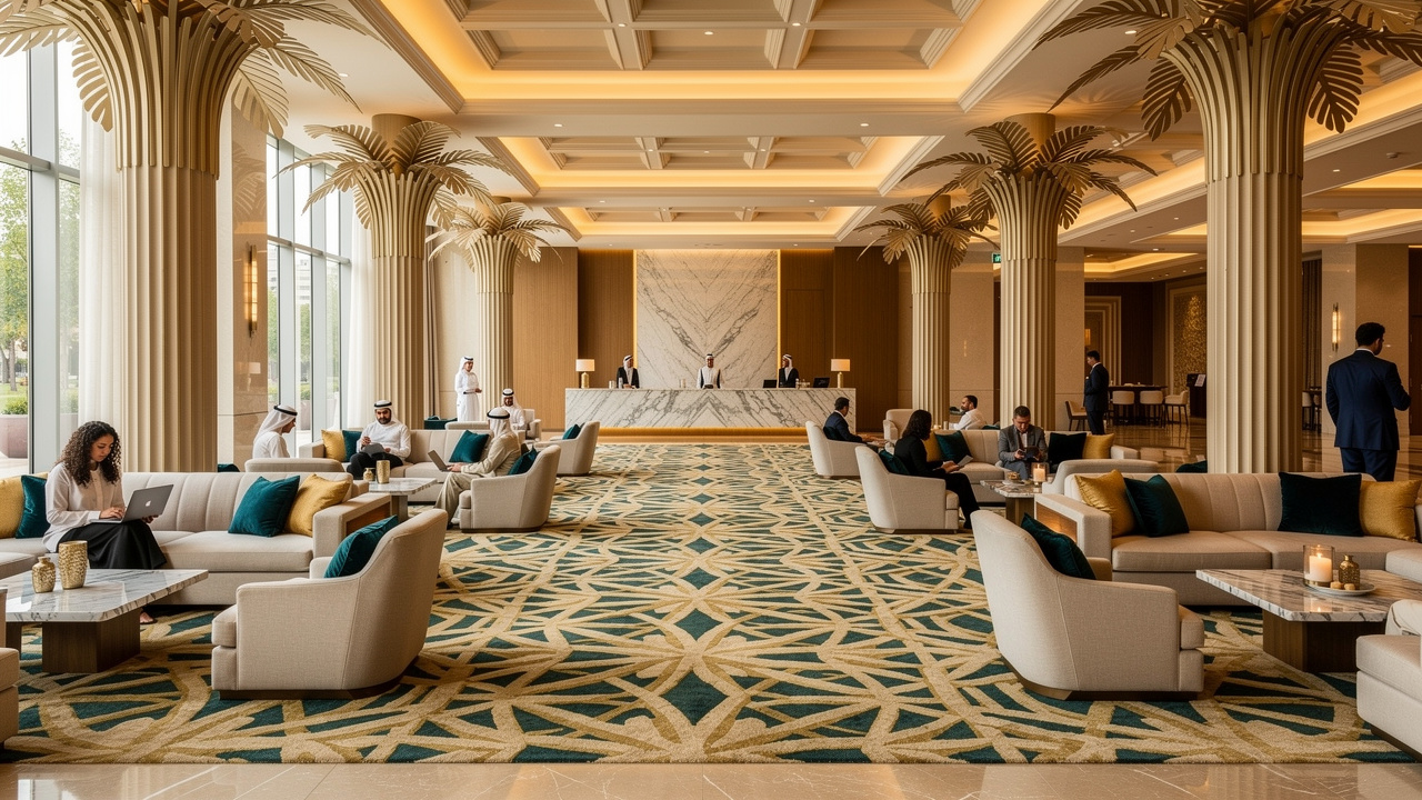 Five-star hotel lobby with patterned acoustic carpet seating area