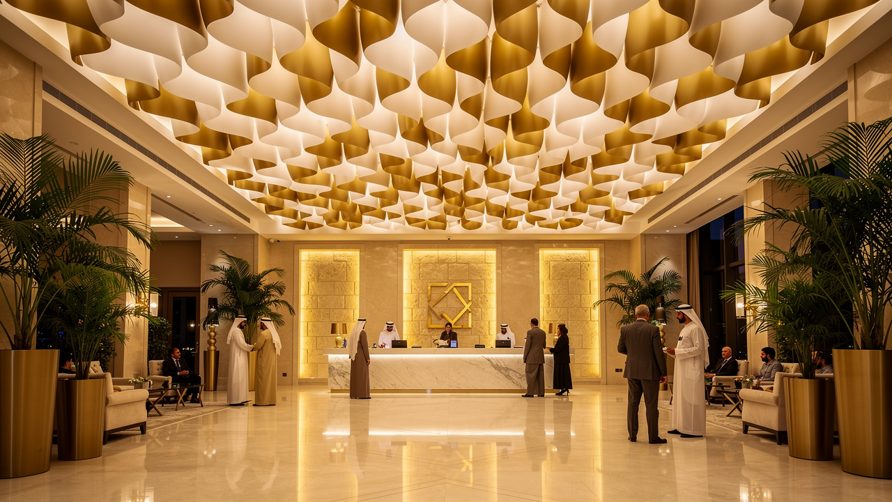 Luxury hotel lobby with decorative PET acoustic ceiling cloud panels