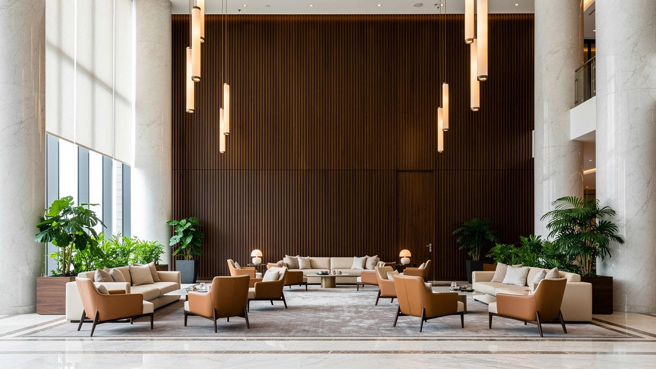 Hotel lobby featuring walnut wooden acoustic panels in Gulf interior