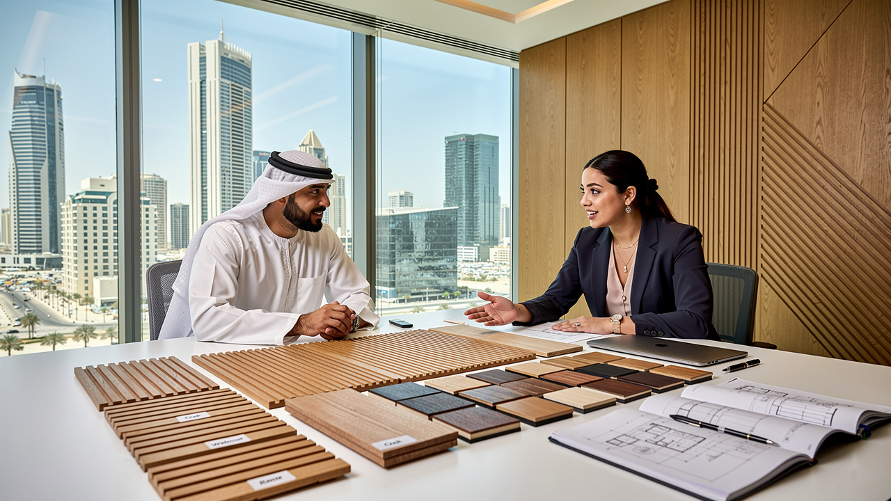 Interior designer reviewing acoustic panel samples for Kuwait project