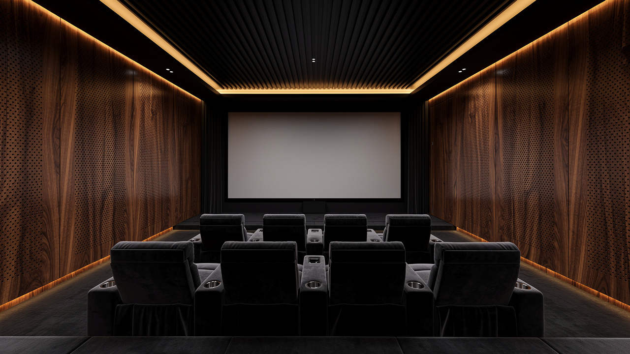 Luxury Kuwait villa home cinema with acoustic walnut wall panels