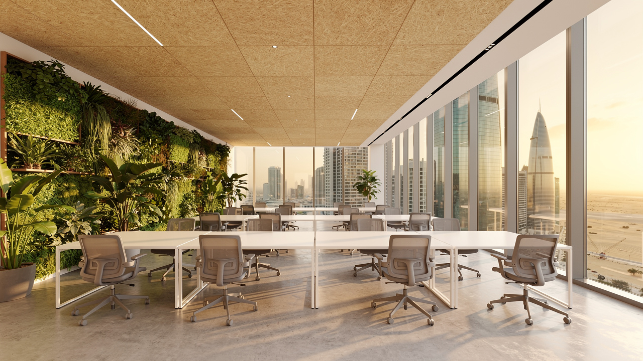 LEED-certified office interior with wood wool acoustic ceiling panels Dubai