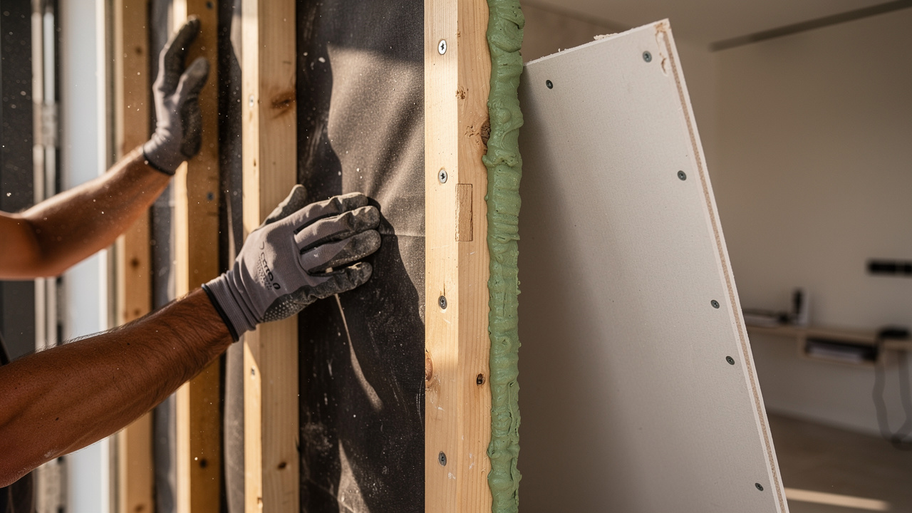 Worker installing mass loaded vinyl in layered wall sound insulation system