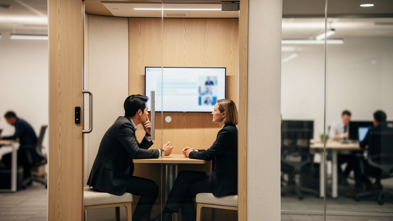 Two professionals in a modern meeting pod during a call