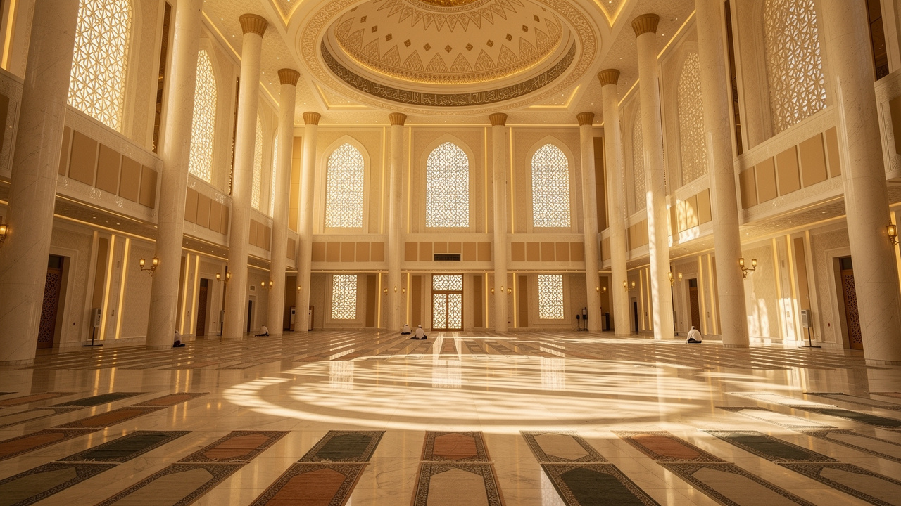 Mosque interior with acoustic panels reducing echo in prayer hall
