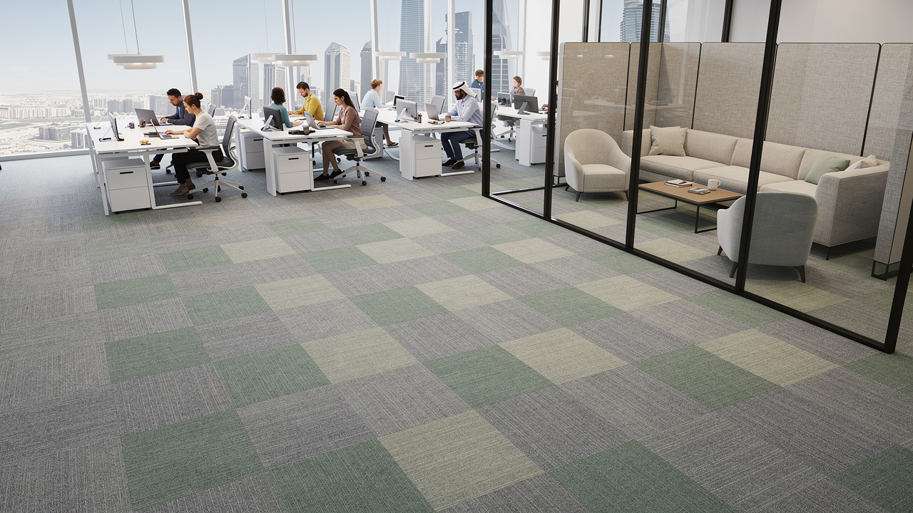 Modern open-plan UAE office with modular acoustic carpet tiles