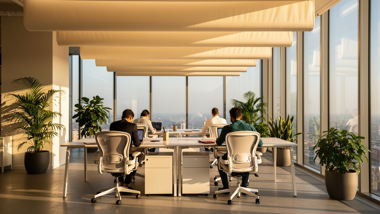 Acoustic fabric ceiling rafts in a bright open-plan office in Abu Dhabi