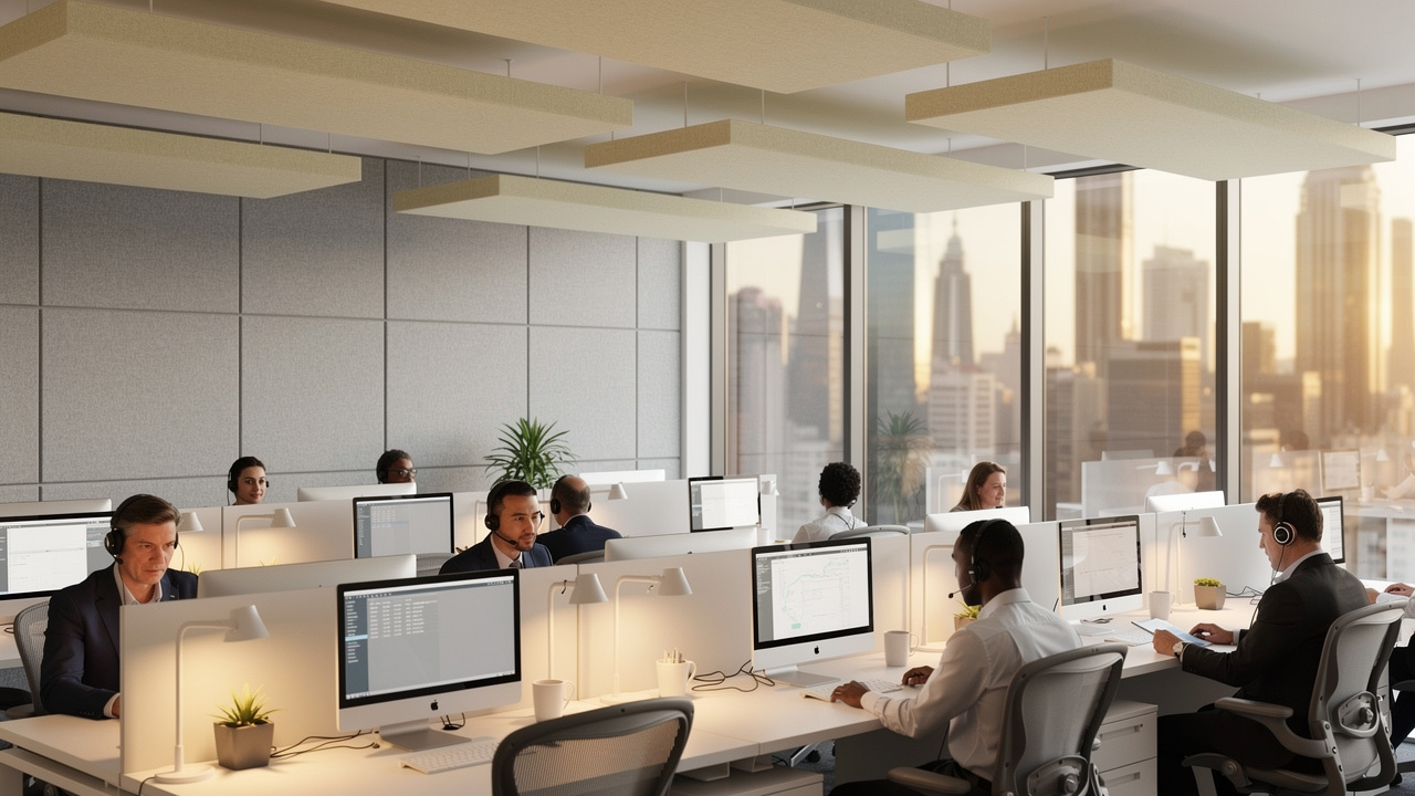 Open-plan GCC office with ceiling baffles and PET acoustic panels