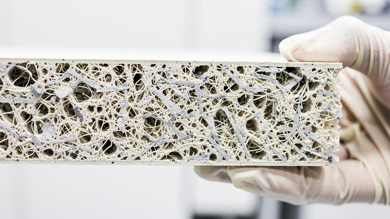 Close-up cross section of recycled PET acoustic panel fibers