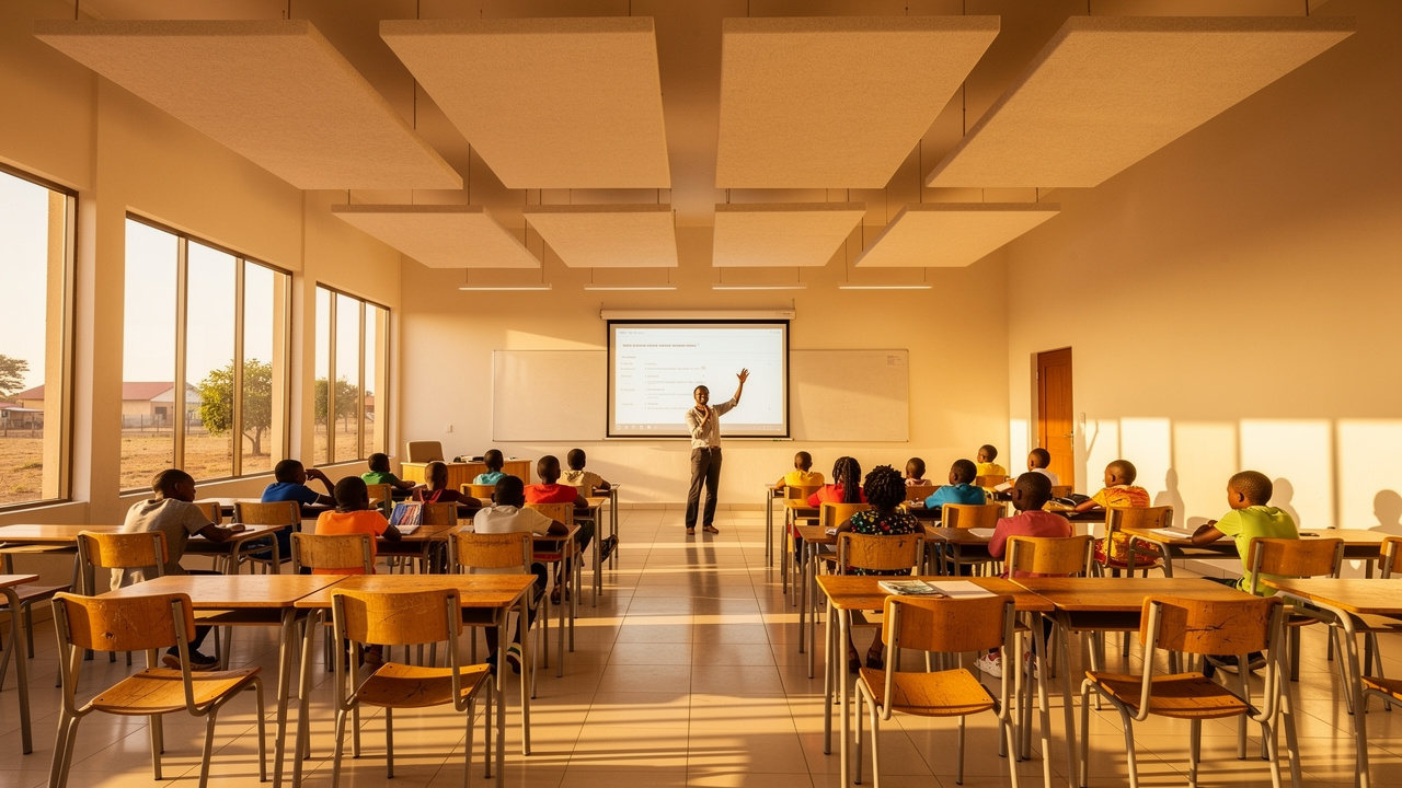 PET acoustic ceiling panels installed in African school classroom