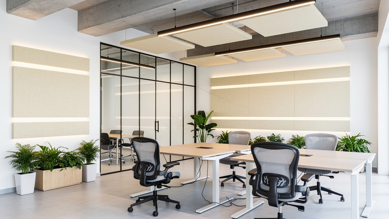 Modern office interior with PET acoustic panels on walls and ceiling