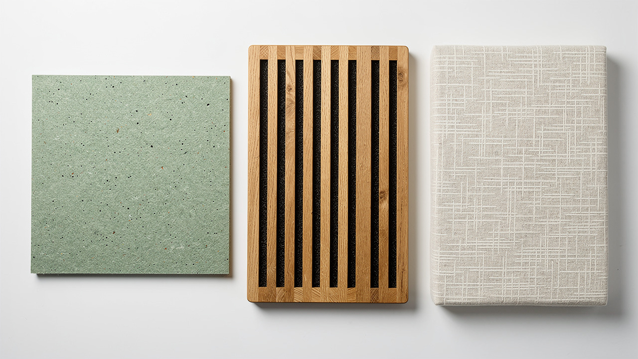 Three acoustic panel types: PET fiber, wood slat, stretch fabric