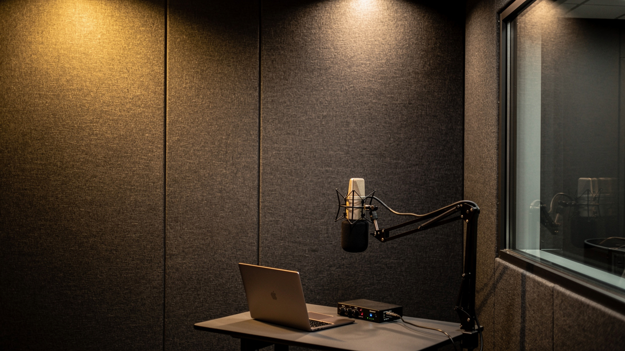 Dark acoustic stretch fabric panels lining a professional podcast studio in Dubai