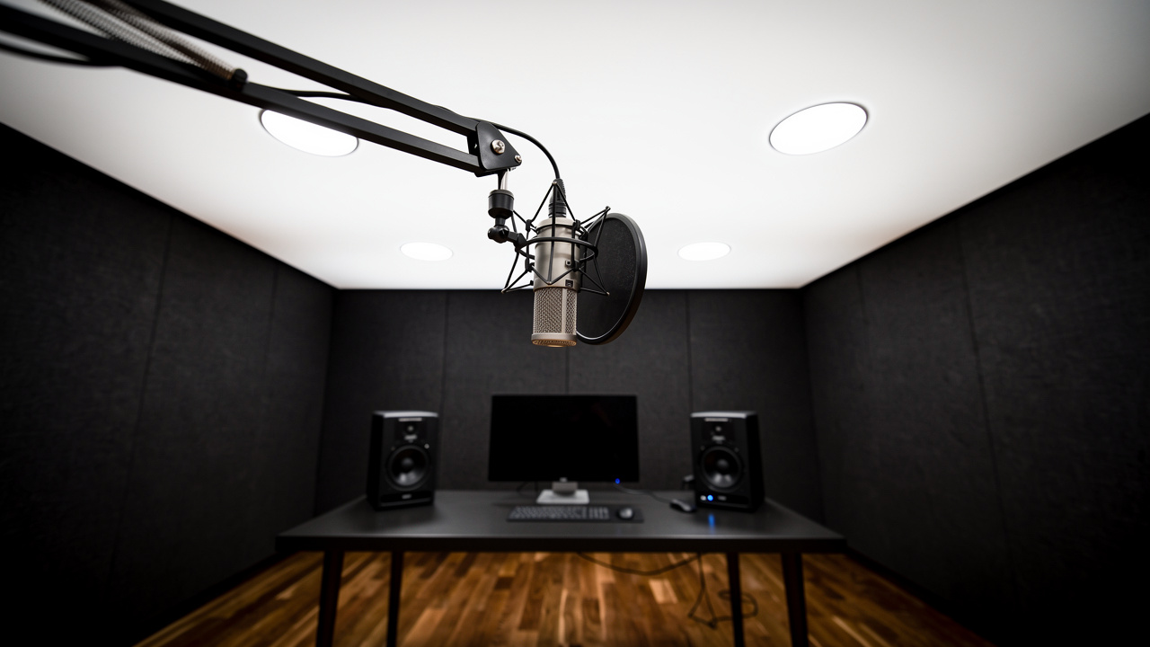 Recording studio with smooth stretch ceiling acoustic panels installed