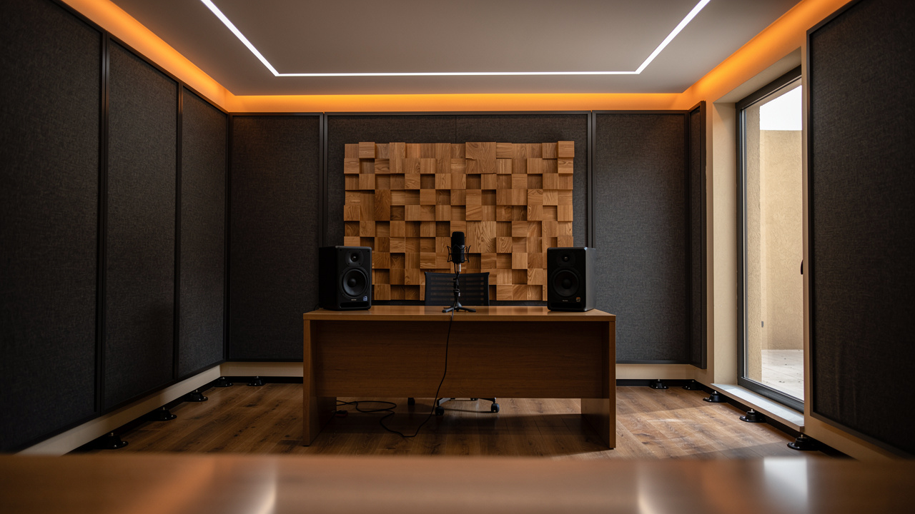 Home recording studio with stretch acoustic panels and floating floor
