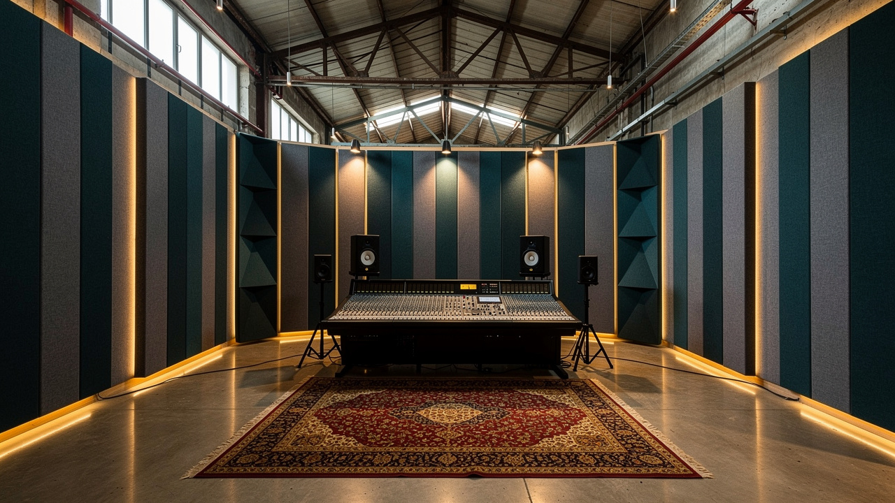 Recording studio with fiberglass wall panels and corner bass traps